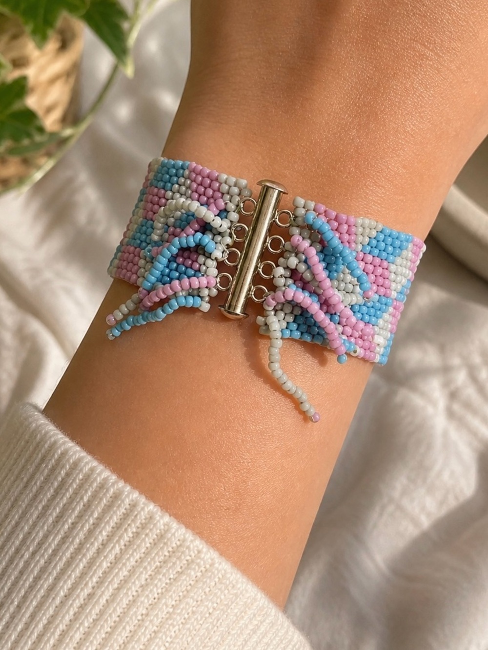 Handmade Pink/Blue Seed Beaded Boho 7” Bracelet
